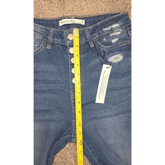 High-Rise Distressed Flare Jeans Size 7 With Button Fly & Frayed Hem By Highway - Picture 4 of 6